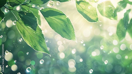 Sunlit leaves with bokeh and light bubbles, photorealistic and minimal style