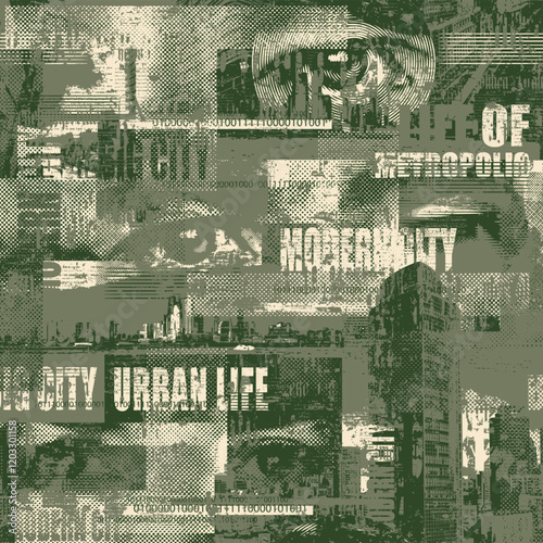 Abstract seamless pattern with human eyes, urban landscapes in grunge texture. Chaotic background on the theme of city life in retro style. Wallpaper, wrapping paper, fabric design