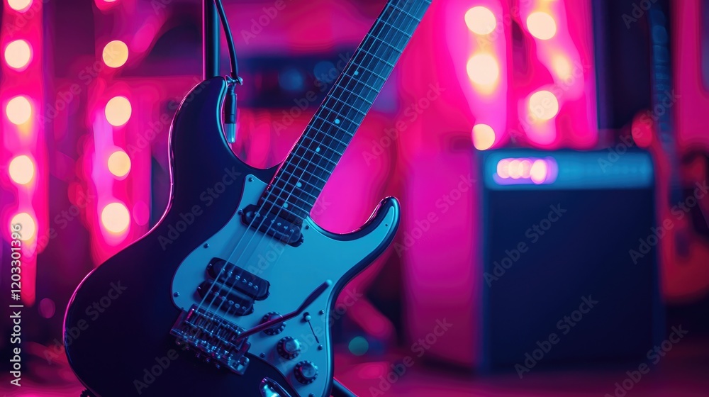 Obraz premium Electric Guitar on Stage, Pink and Blue Lights, Concert Ready