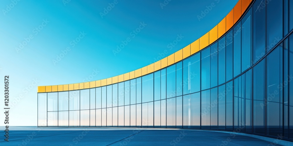 Fototapeta premium Modern Architectural Design Featuring Curved Glass Facade and Vibrant Orange Accents Against a Clear Blue Sky in an Urban Setting
