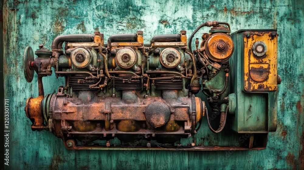 A heavy-duty marine engine resting on a textured sea green background A heavy-duty marine engine resting on a textured sea green background