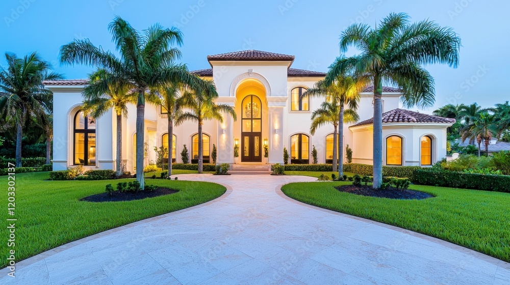 Fototapeta premium A stunning luxury home with elegant architecture, lush landscaping, and palm trees, illuminated at twilight, showcasing a welcoming entrance path.