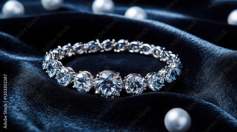 Fototapeta premium A luxury diamond bracelet displayed on a smooth black velvet background