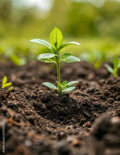 young plants,  against the brown soil.