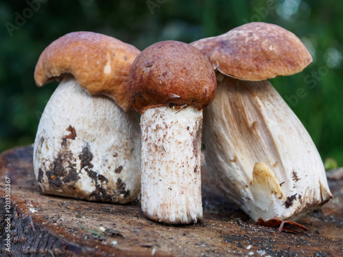 Porcini mushrooms (bolets), collected in the forest, impress with their appearance and taste, ideal for culinary masterpieces. photo