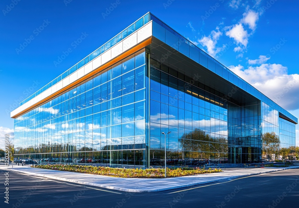 Modern Glass Facade Office Building Reflecting Clear Sky and Trees in Urban Setting, Showcasing Innovative Architecture and Sustainable Design Principles Modern Glass Facade Office Building Reflecting Clear Sky and Trees in Urban Setting, Showcasing Innovative Architecture and Sustainable Design Principles