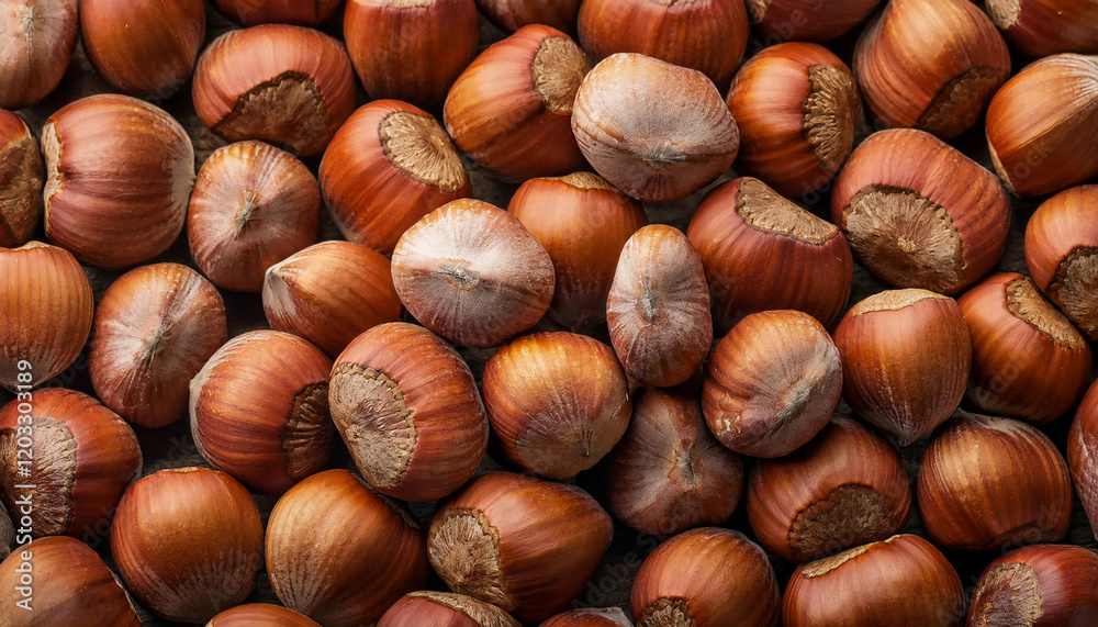 Macro photograph showcasing an array of hazelnuts, emphasizing their detailed textures, warm brown tones, and natural aesthetic. Perfect for culinary, nutritional, or organic themes Macro photograph showcasing an array of hazelnuts, emphasizing their detailed textures, warm brown tones, and natural aesthetic. Perfect for culinary, nutritional, or organic themes