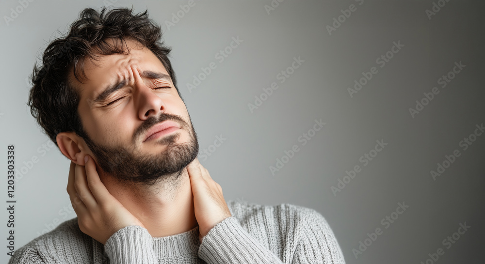 Obraz premium A young man with a beard shows signs of pain by grasping his neck with both hands. His expression reflects discomfort, and he appears to be in a calm indoor environment.