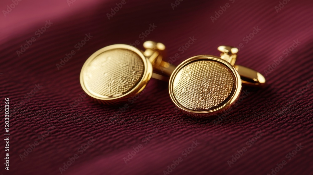 A pair of gold cufflinks on a burgundy background, reflecting timeless style A pair of gold cufflinks on a burgundy background, reflecting timeless style