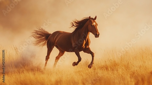 Chestnut horse galloping in golden field at sunset.