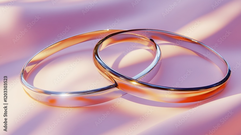 A pair of silver and gold bracelets placed on a soft pink background with elegant lighting A pair of silver and gold bracelets placed on a soft pink background with elegant lighting