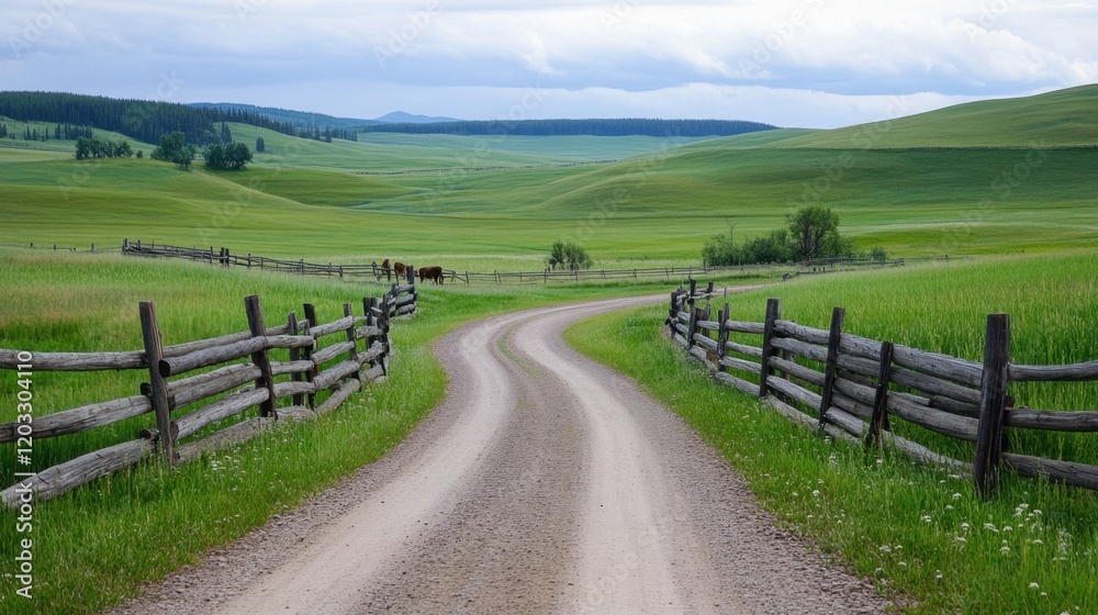 A rural dirt road lined with wooden fences and grazing cows in the adjacent fields