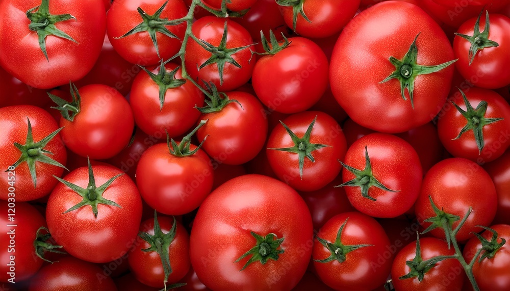 A vibrant display of ripe red tomatoes with fresh green stems, covered in dew drops, showcasing freshness and natural beauty, perfect for food, culinary, and agricultural themes, backgrounds A vibrant display of ripe red tomatoes with fresh green stems, covered in dew drops, showcasing freshness and natural beauty, perfect for food, culinary, and agricultural themes, backgrounds
