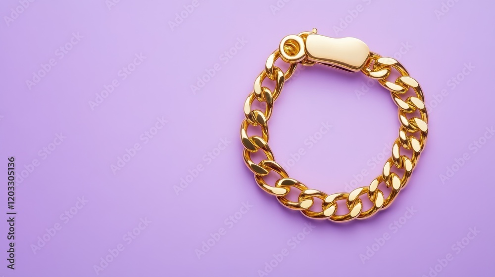 A single gold bracelet with a delicate chain on a pastel lavender background A single gold bracelet with a delicate chain on a pastel lavender background