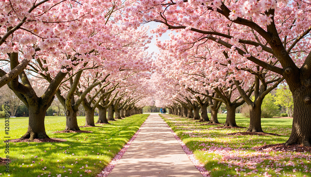 Scenic cherry blossom path lined with petals and sunlight, nature's beauty Scenic cherry blossom path lined with petals and sunlight, nature's beauty