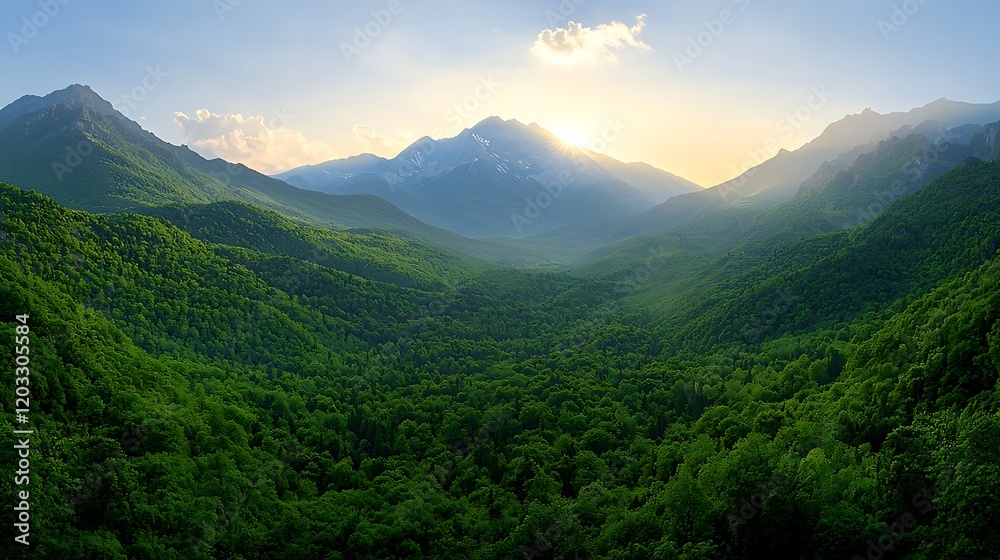 Obraz premium Serene mountain landscape at sunrise, lush green valley surrounded by majestic peaks