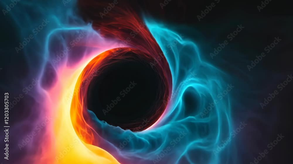 Colorful swirling patterns represent a cosmic black hole with vibrant energy and motion