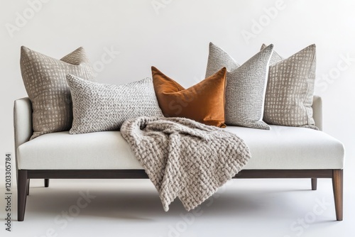 A modern upholstered daybed with clean lines, layered with soft pillows and a textured throw blanket photo