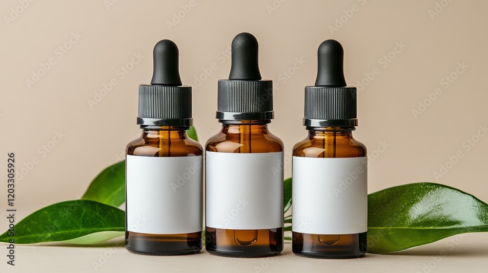 Three amber glass dropper bottles with blank labels surrounded by green leaves. Three amber glass dropper bottles with blank labels surrounded by green leaves.