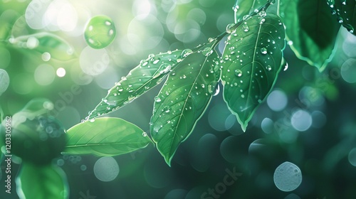 Green leaves with light bubbles and bokeh, photorealistic and minimal style