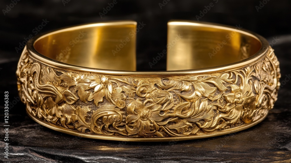 A traditional gold bracelet with intricate carvings displayed on a bold black background A traditional gold bracelet with intricate carvings displayed on a bold black background