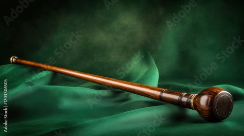 A traditional Irish shillelagh on a deep green backdrop with soft shadows photo