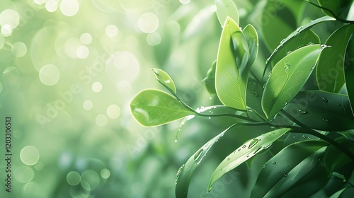 Soft bokeh and light reflections on leaves, photorealistic and minimal style