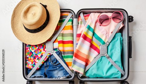 Colorful suitcase packed for spring break at tropical destination, vacation essentials photo