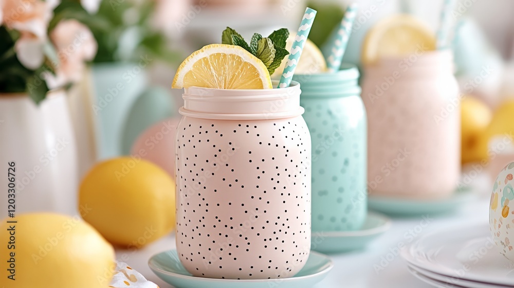 A pastel-themed drink station with pink mugs and desserts. A pastel-themed drink station with pink mugs and desserts.