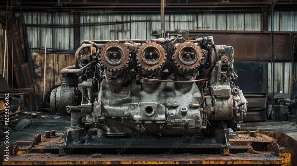 Fototapeta premium A vintage diesel engine block showcased on a rusted steel background for an industrial feel