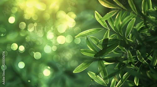 Soft bokeh and light reflections on leaves, photorealistic and minimal style