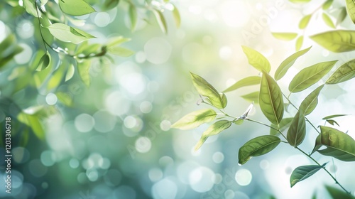 Soft bokeh and light reflections on leaves, photorealistic and minimal style