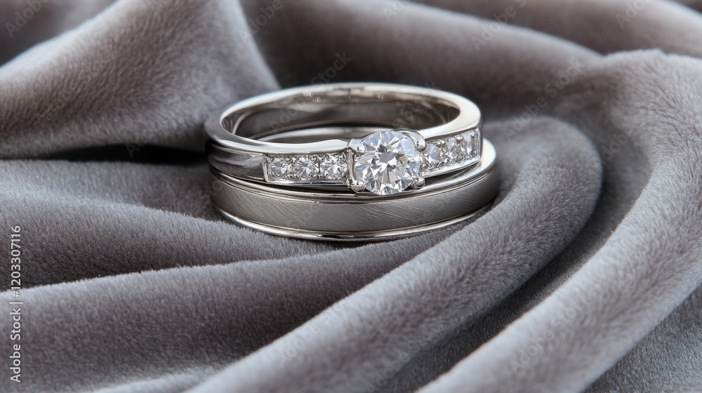 A wedding band set with diamonds placed on a soft gray velvet surface A wedding band set with diamonds placed on a soft gray velvet surface