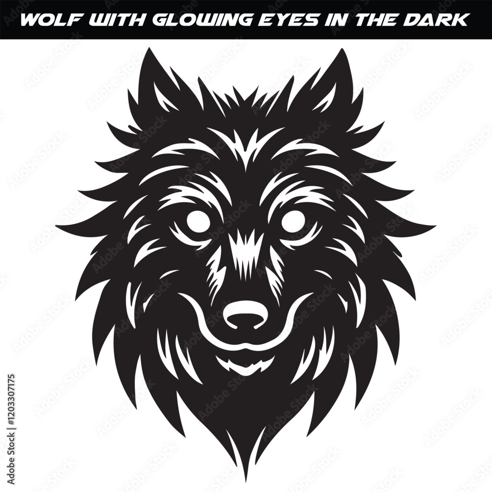 Fototapeta premium Black and White Wolf Head Drawing with Glowing Eyes on Dark Background