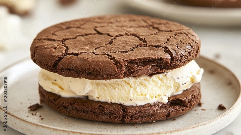 Chocolate cookie sandwich with vanilla ice cream. Chocolate cookie sandwich with vanilla ice cream.