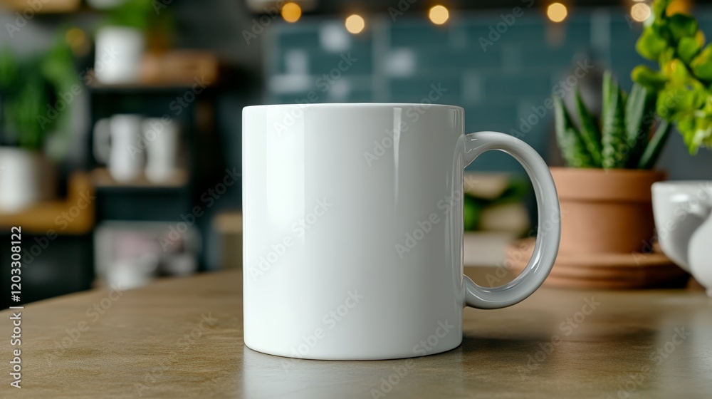 Simple white ceramic mug on a countertop surrounded by a cozy atmosphere. Simple white ceramic mug on a countertop surrounded by a cozy atmosphere.