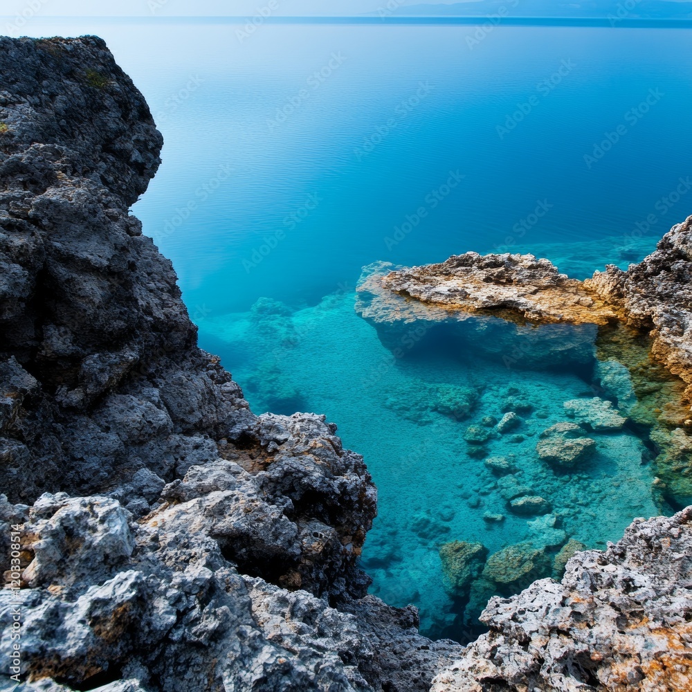 Tranquil water meets rugged rocky shores. Tranquil water meets rugged rocky shores.