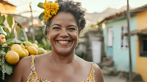 Happy woman, fruit vendor, village, Brazil, smiling