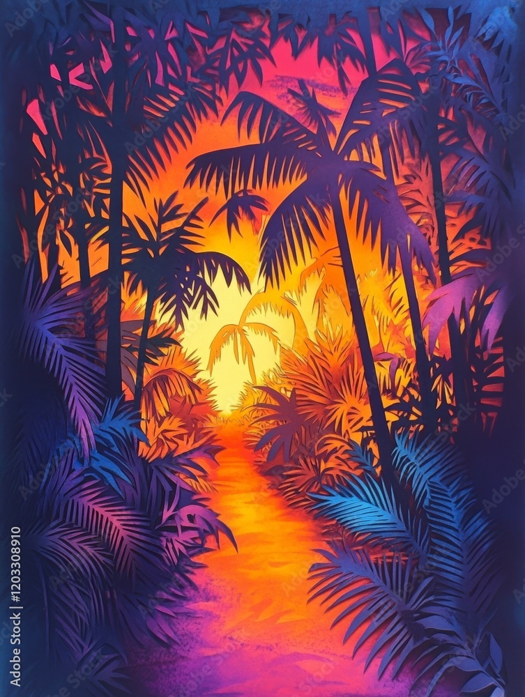 Obraz premium Vibrant sunset in a tropical paradise.