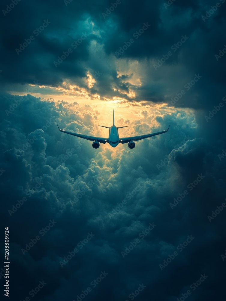 Naklejka premium A plane soaring through dramatic clouds.