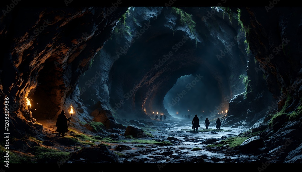 Fototapeta premium A group of adventurers journey through a dark, mysterious cave, their path illuminated by the faint glow of torches, the air thick with anticipation and mystery. The rough, textured walls of the cave