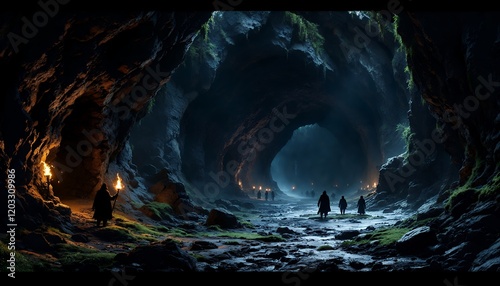 A group of adventurers journey through a dark, mysterious cave, their path illuminated by the faint glow of torches, the air thick with anticipation and mystery. The rough, textured walls of the cave