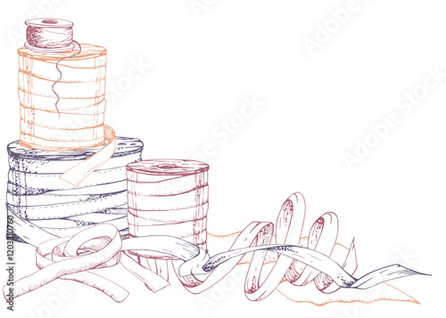 Threads ribbons spools bobbins fabric. Hand drawn ink vector illustration sewing craft embroidery supplies. Frame isolated on white background. Design atelier, tailor, hobby shop, fashion boutique