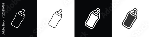 Feeding bottle icon in flat and line style. Baby milk bottle vector illustration in black, white and transparent background. Eps10