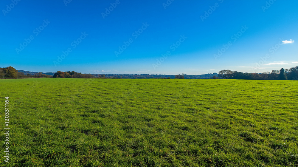 Fototapeta premium Wide Green Field Under Clear Blue Sky