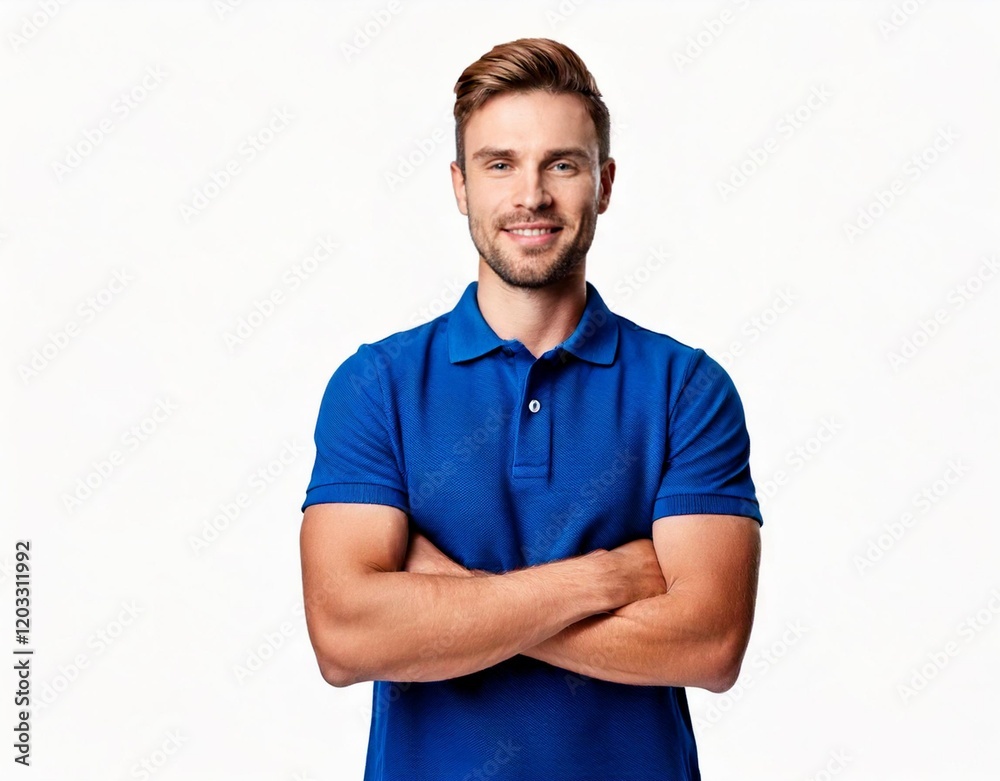 Portrait of young european man standing in blue polo shirt with crossed arms, smiling and looking at camera, isolated on white background Portrait of young european man standing in blue polo shirt with crossed arms, smiling and looking at camera, isolated on white background