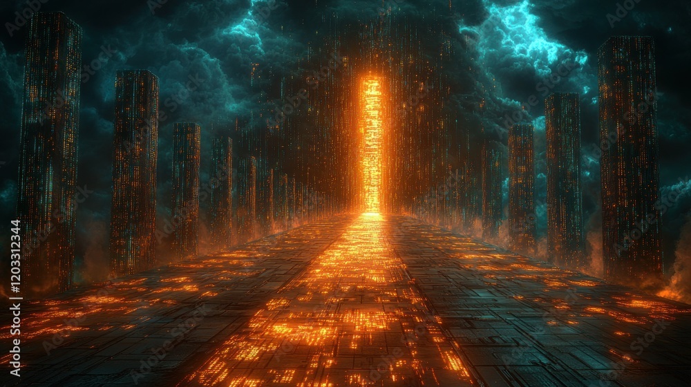 Glowing path to portal in stormy futuristic landscape. Glowing path to portal in stormy futuristic landscape.