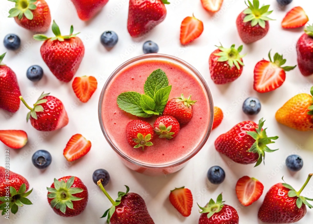 Delicious Strawberry Smoothie Top View, Fresh Berries Delicious Strawberry Smoothie Top View, Fresh Berries