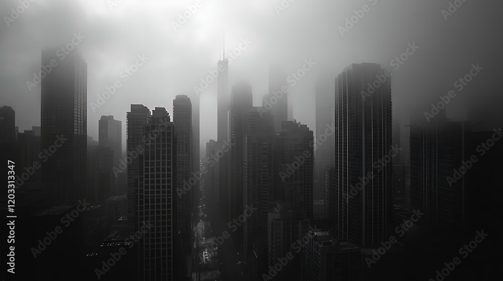 Fototapeta premium Foggy Cityscape Skyline Black and White Photography