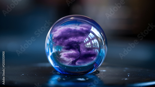 Wallpaper Mural A photo of a purple storm inside a glossy transparent egg with blue reflections. The egg is placed on a dark surface. The background is blurred Torontodigital.ca
